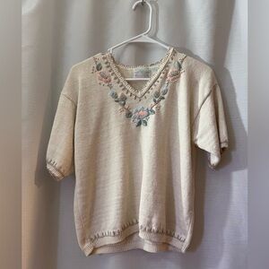 Cream V-Neck Short Sleeve Sweater with Pastel Floral Embroidery